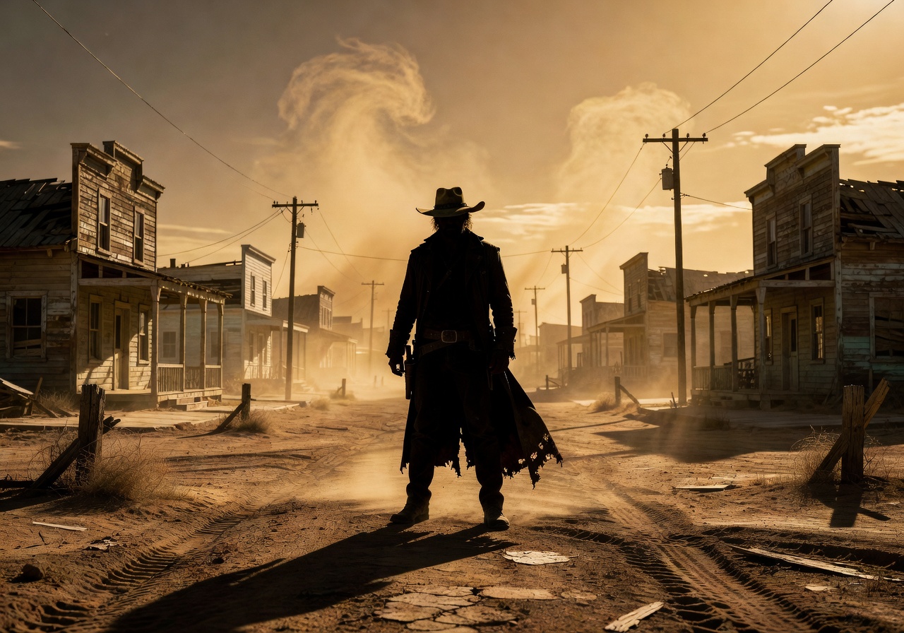 Cinematic outlaw silhouette in a dusty desert town